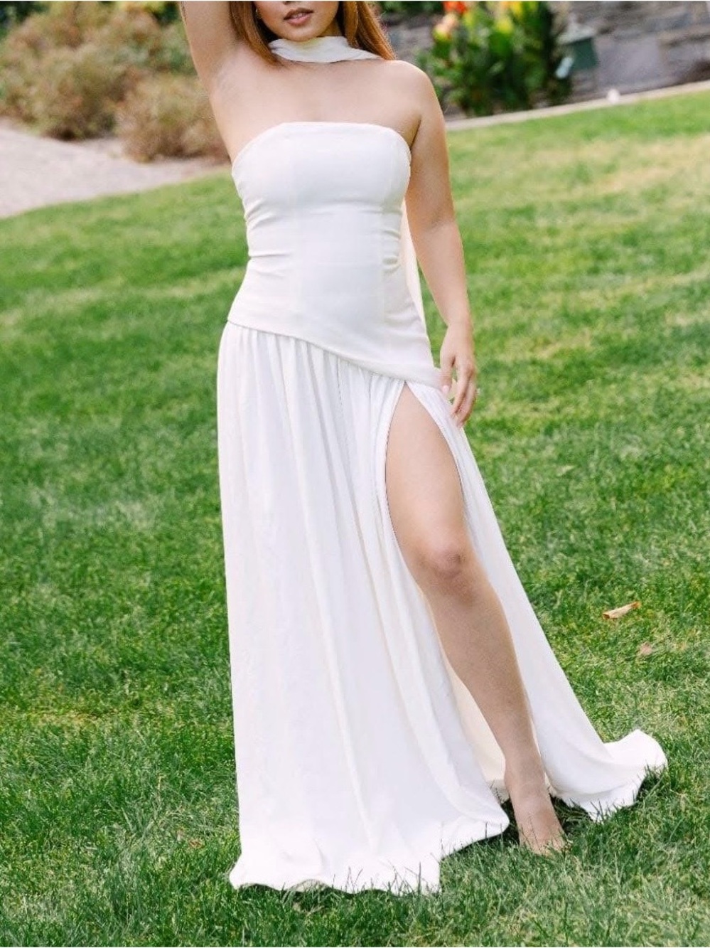 Strapless White Maxi Dress with High Side Slit